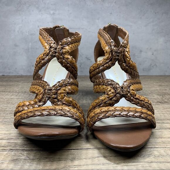 ETIENNE AIGNER E-Peanut Wedge Zip Up Strappy Sandals Shoes Brown Women's 7.5M - Picture 3 of 10